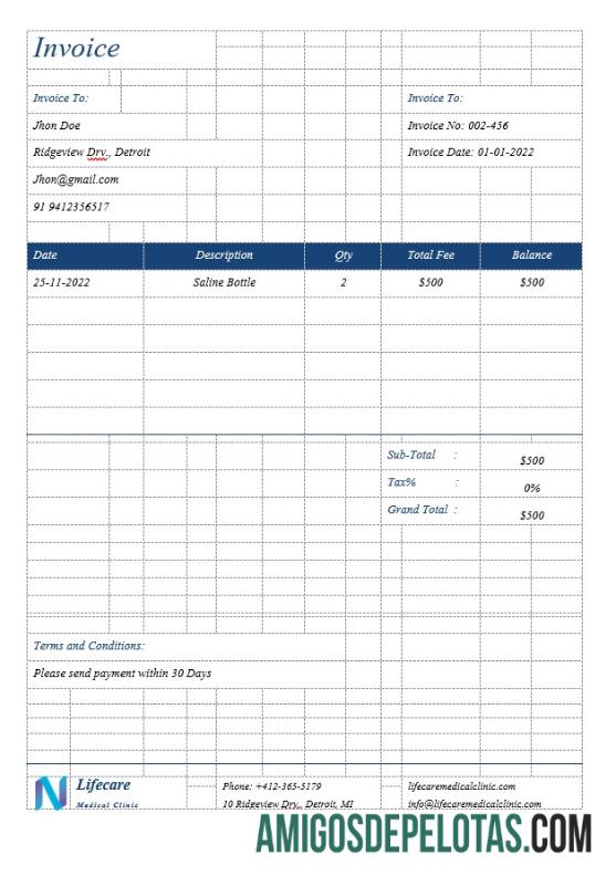 em branco Modelo simples de fatura clínica